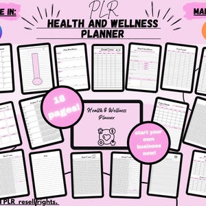以下が含まれることがあります： ピンクと白のデジタルプランナーで、「PLR Health and Wellness Planner」と「18 pages!」というテキストが円の中に書かれています。プランナーには、週ごとの食事計画、毎日の食事計画、フードトラッカーなどがあります。「start your own business now!」というテキストがピンクの円の中に書かれています。