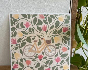 Decorative card bicycle and flowers, magnolia, postcard