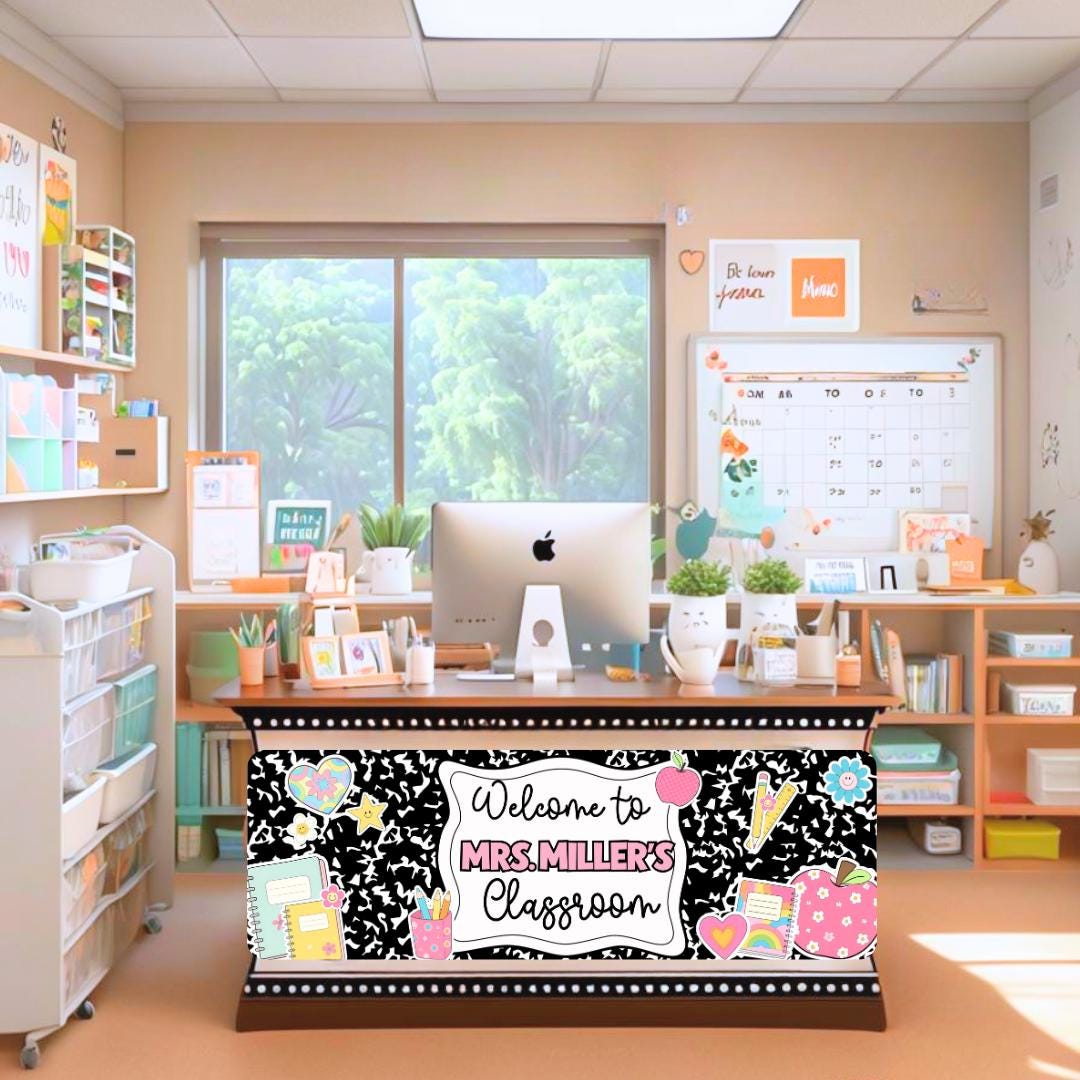 Peel & Stick Teacher Desk Wrap, Classroom Desk Decal, Easy Application, Removable Teacher Desk Decor, Classroom Desk Sign, Composition Book
