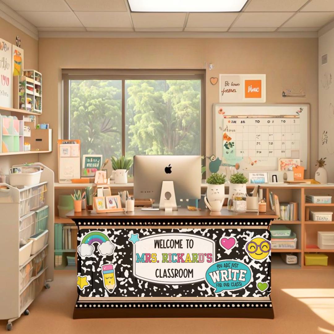 Peel & Stick Teacher Desk Wrap, Classroom Desk Decal, Easy Application, Removable Teacher Desk Decor, Classroom Desk Sign, Composition Book