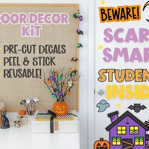 Calcomanías de Halloween para el aula: decoración reutilizable para tablones de anuncios, decoración para puertas de aula de Halloween, despegar y pegar, kit precortado, decoración escolar de Halloween