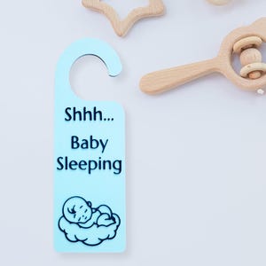 Shhh Baby Sleeping Door Sign – Nursery Door Hanger with Sleeping Baby Icon, Baby Shower Gift, Custom Color