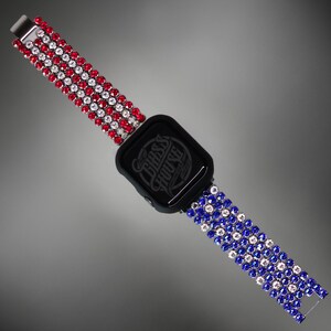 Sparkly Austrian Crystal Stars and Stripes Watch Band – Stainless Steel Bling Strap for Apple & Samsung Watches – Luxury Gift for Her