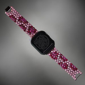 Sparkly Austrian Crystal Cherry Leopard Watch Band – Stainless Steel Bling Strap for Apple & Samsung Watches – Luxury Gift for Her