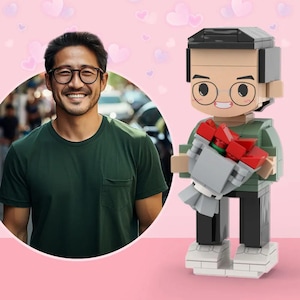 Custom Brick Figure: Personalized Photo Block Toy with Rose