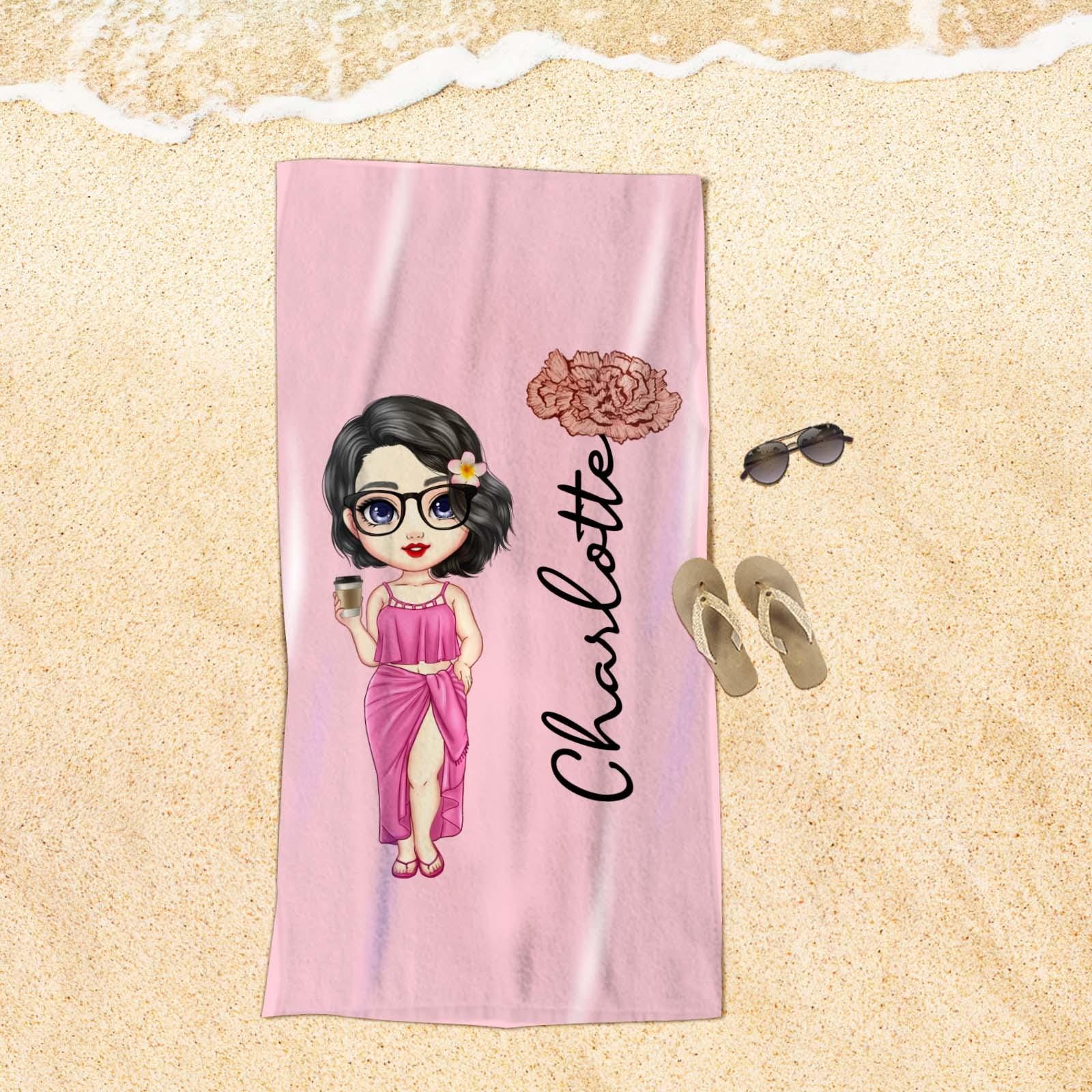 Custom Cartoon Women Beach Towel – Personalized Name Birth Flower Towel, Multicolor Vacation Towel, Gift for Friend, Summer Beach Towel