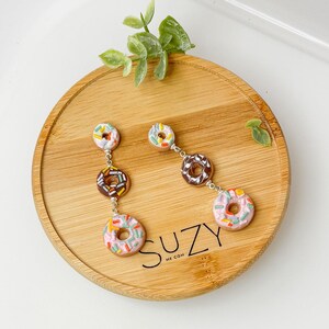DN1 Donut Earrings – Cute Food Jewelry – Polymer Clay Dangles – Chocolate Strawberry Vanilla – Kawaii Dessert Gift, Teens, Kids, Hypoallerge