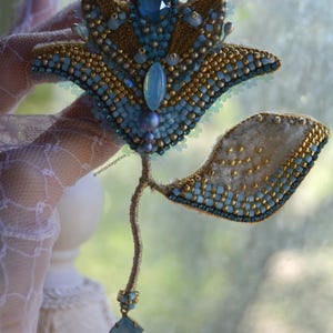 Big flower. Embroidered brooch. Blue flower brooch