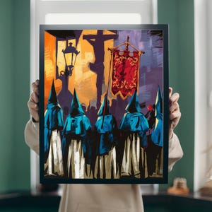 May include: A painting depicting a procession of people wearing pointed hoods and robes, walking in a line. The people are carrying a red banner with gold embroidery. The painting is done in a colorful, abstract style.