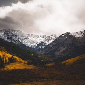 Mountains, fall aspen trees, snowy mountains, Castle Creek Valley, peaks, mountain art, rustic home decor,  cabin decor, Colorado art