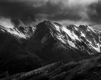 Colorado BNW mountains, storm clouds, snowy peaks, Rocky Mountains, black and white nature, peaks, mountain range, landscape art | Peaks