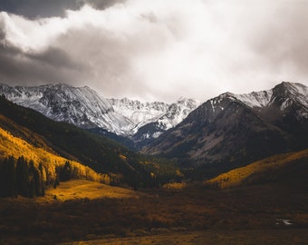 Mountains, fall aspen trees, snowy mountains, Castle Creek Valley, peaks, mountain art, rustic home decor,  cabin decor, Colorado art