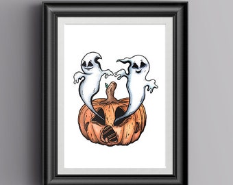 Halloween Pumpkin Print, Pumpkin Wall Art, Halloween Art, Haunted Pumpkin Illustration