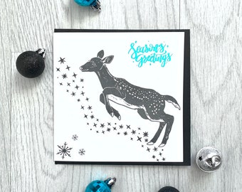 Deer Christmas Card, Foiled Christmas Card, Deer Holiday Card, Screen Printed Christmas Card