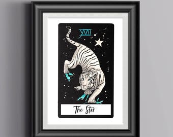 The Star, Tarot Card Print, Byakko White Tiger, Occult Art, Occult Print, Animal Tarot, Tarot Gift, Tarot Card Art