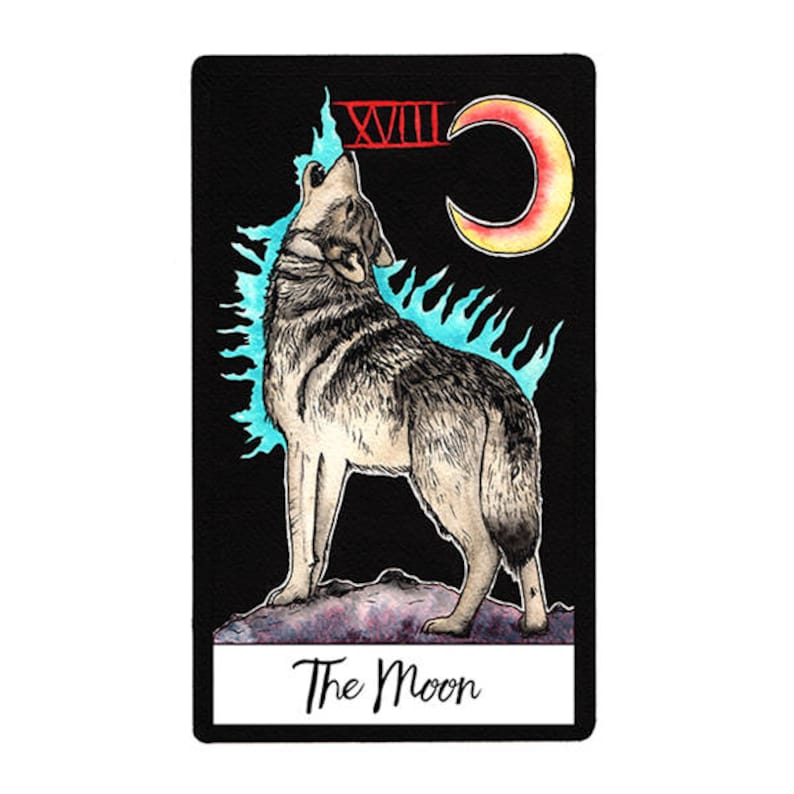 The Moon Tarot Card Print Okami Wolf Tarot Occult Art Etsy