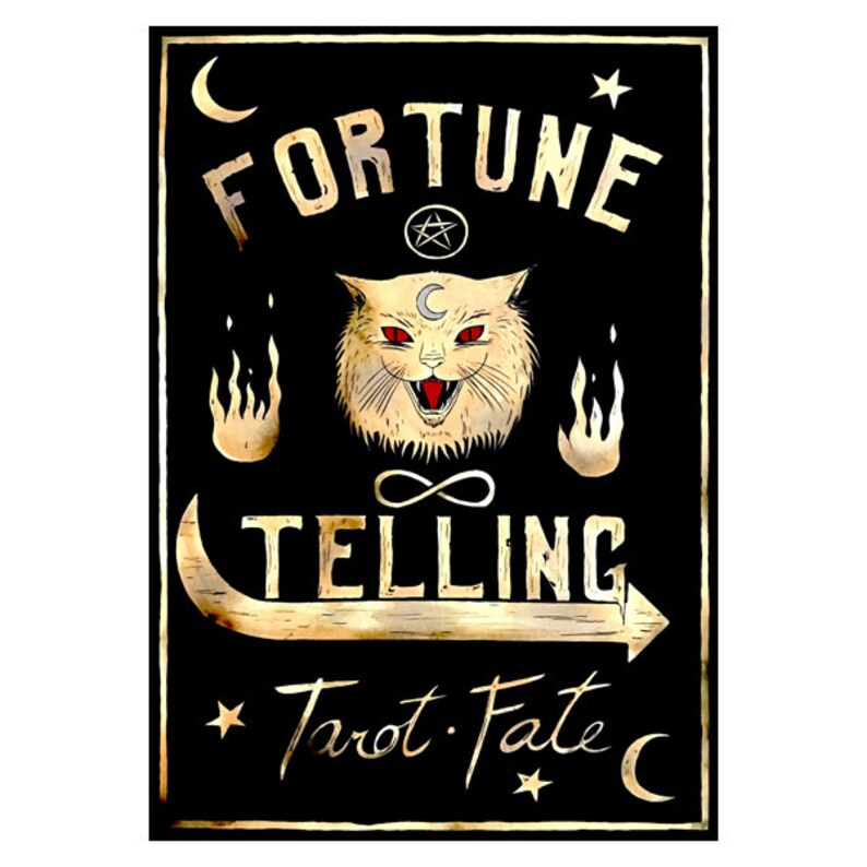 May include: A black and gold sign with the text "Fortune Telling Tarot: Fate" and a white cat with red eyes. The cat is surrounded by flames and a pentagram.