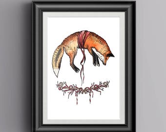 Kitsune Red Fox Art Print, Fox Illustration, Fox Gift, Fox Wall Art, Kitsune Art, Animal Print, Woodland Animal Print, Occult Art