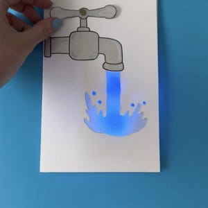 Plantilla y instrucciones de Moonshotkidz "Agua corriente" para tarjetas interactivas Electrónica de papel Proyecto STEAM de bricolaje, divertido y fácil