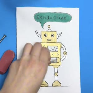 Moonshotkidz Conductivity testing robot Template & Instructions for Interactive Card Paper Electronics Easy fun tech art STEAM Project
