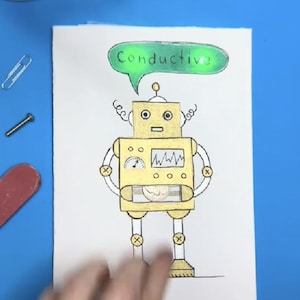 Moonshotkidz Conductivity testing robot Template & Instructions for Interactive Card Paper Electronics Easy fun tech art STEAM Project