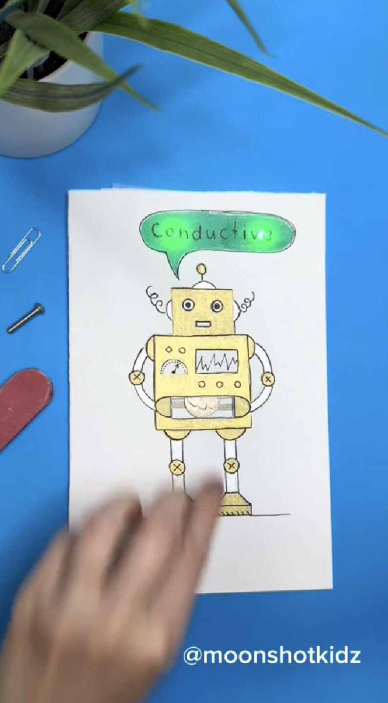 Moonshotkidz Conductivity testing robot Template & Instructions for Interactive Card Paper Electronics Easy fun tech art STEAM Project