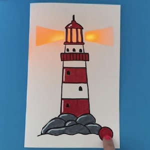 Plantilla y instrucciones de "Faro" de Moonshotkidz para tarjetas interactivas Electrónica de papel Proyecto de arte tecnológico STEAM fácil y divertido para hacer uno mismo
