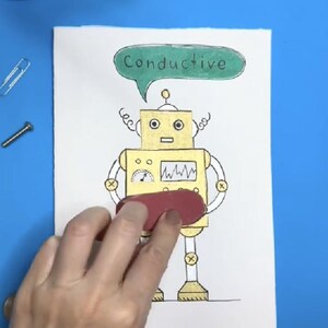 Moonshotkidz Conductivity testing robot Template & Instructions for Interactive Card Paper Electronics Easy fun tech art STEAM Project