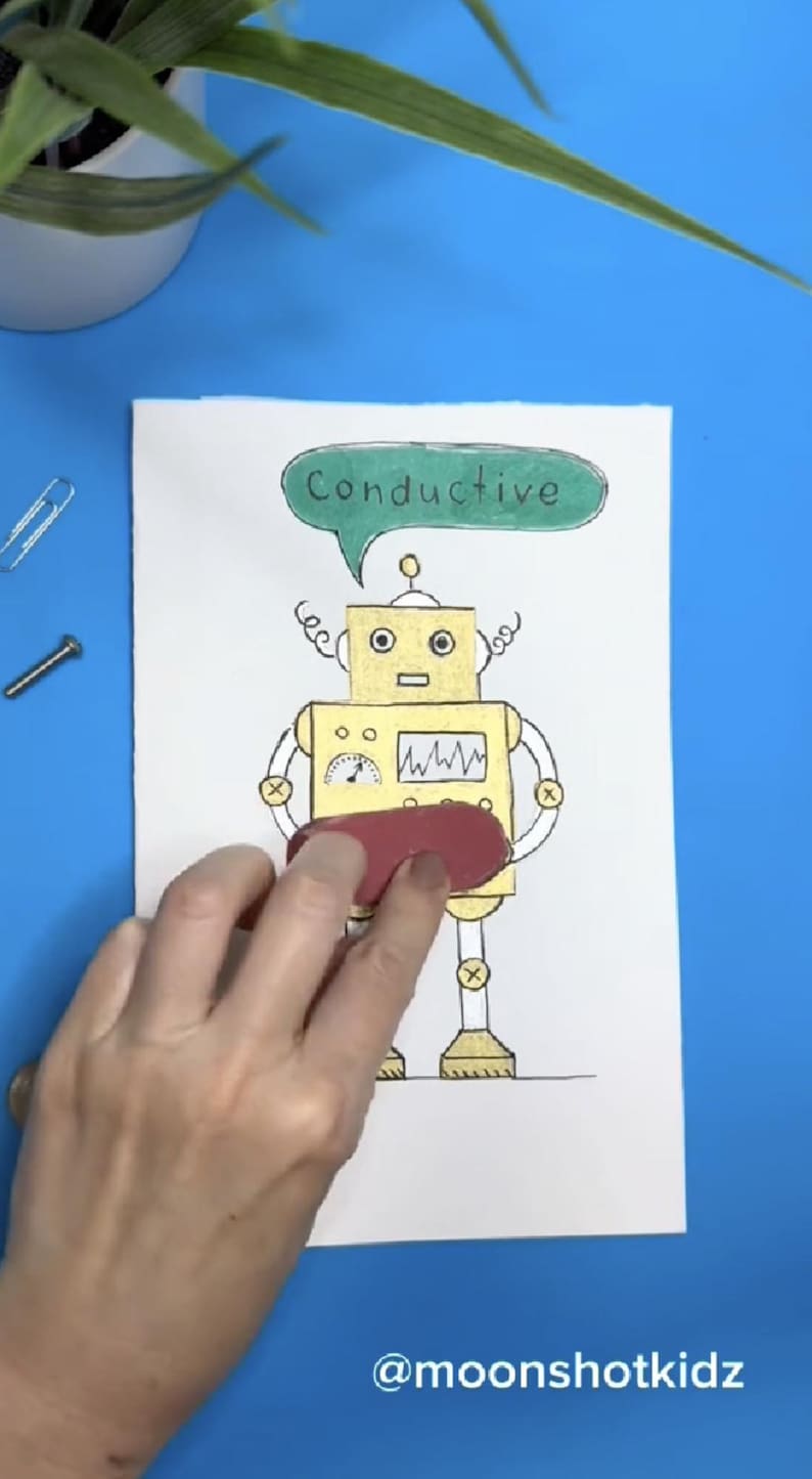 Moonshotkidz Conductivity testing robot Template & Instructions for Interactive Card Paper Electronics Easy fun tech art STEAM Project