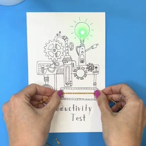 Plantilla y instrucciones de "Prueba de conductividad" de Moonshotkidz para tarjetas interactivas Electrónica de papel Proyecto de arte tecnológico STEAM fácil y divertido para hacer uno mismo