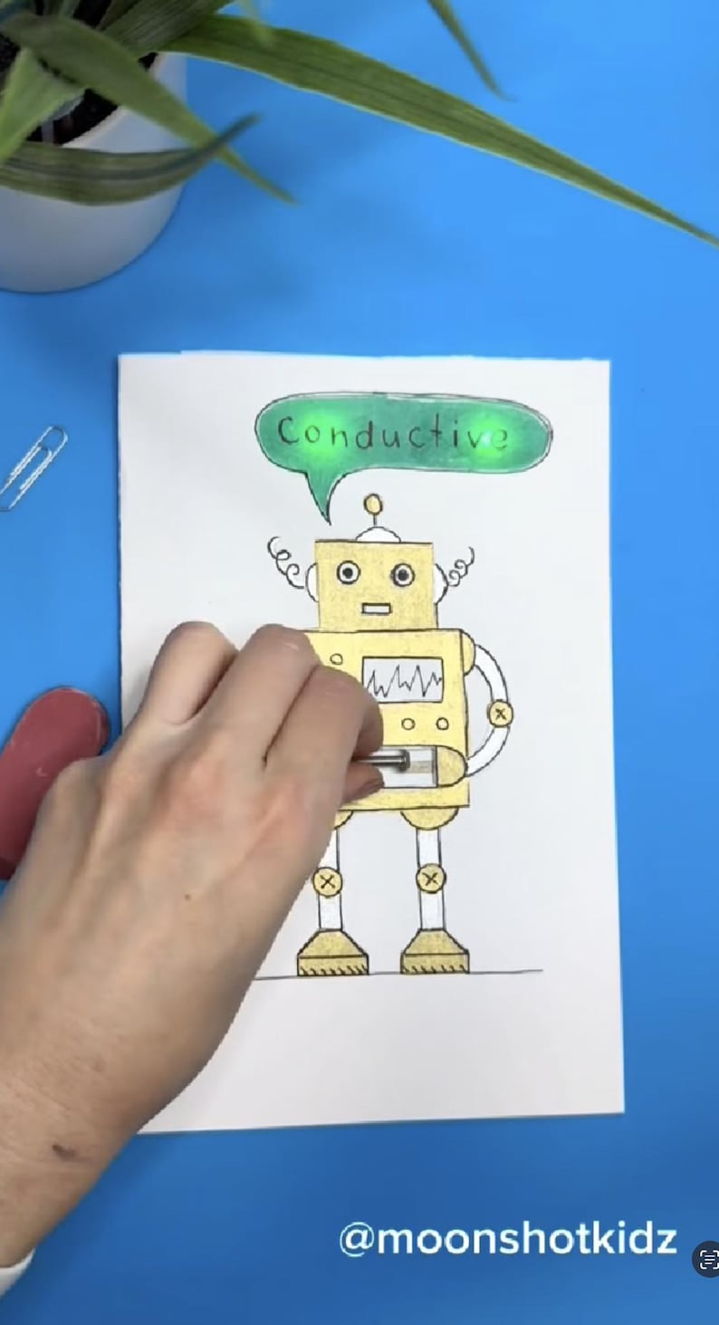 Moonshotkidz Conductivity testing robot Template & Instructions for Interactive Card Paper Electronics Easy fun tech art STEAM Project