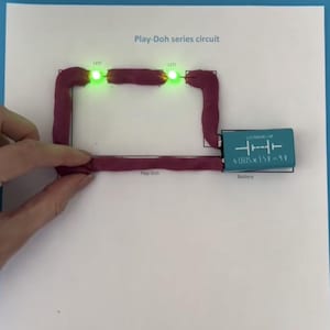 May include: A Play-Doh series circuit demonstration. Two green LED lights are lit, connected by Play-Doh to a battery. The text "Play-Doh series circuit" is visible. The battery is labeled "6 CELLS x 1.5V = 9V".