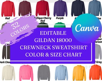 Maqueta de tabla de colores y tabla de tallas editable de Gildan 18000