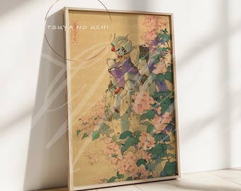 Mobile Suit Gundam Wing Poster · Wing Gundam Art Print ·  Mecha Artwork · Floral Garden Scene · Japanese Ukiyo-e Style · Gundam Wing Anime