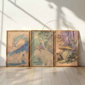 Studio Ghibli Art Print Set of 3 · Haku Poster · Princess Mononoke Print · Totoro Wall Art · Japanese Ukiyo-e Decor · Anime Collectible· 3pc
