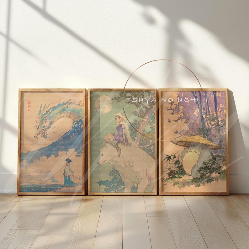 Studio Ghibli Art Print Set of 3 · Haku Poster · Princess Mononoke Print · Totoro Wall Art · Japanese Ukiyo-e Decor · Anime Collectible· 3pc