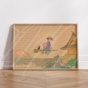 Kunstafdruk Kiki&#39;s bezorgservice · Studio Ghibli-poster · Japans ukiyo-e-kunstwerk · Anime voor kinderen · Grillige illustratie van kat en heks