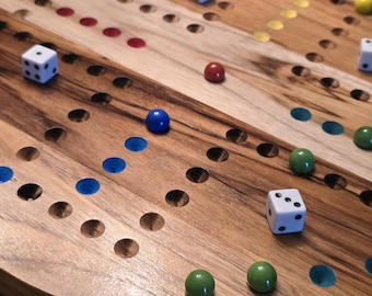Tablero Wahoo de madera de teca hecho a mano – Juego familiar para 4 jugadores con dados y canicas (Opción de personalización con nombre)