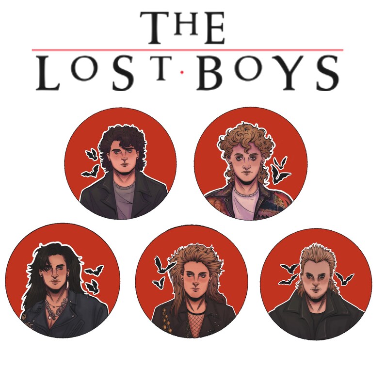 May include: Six round red buttons with white borders featuring illustrations of four characters from the movie "The Lost Boys". Each button has a black bat silhouette in the background.