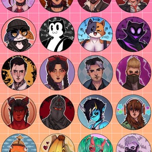 Puede incluir: Una colección de retratos circulares de personajes con varios diseños. Los retratos presentan una amplia gama de personajes, incluyendo figuras de estilo anime, animales antropomórficos y rostros humanos estilizados. Los fondos son un degradado de rosa y naranja.