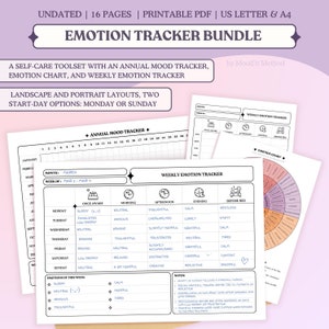Emotietracker voor volwassenen, afdrukbaar en ongedateerd sjabloon, emotiewieldiagram, jaarlijkse stemmingstracker, zelfzorgemotietrackerset