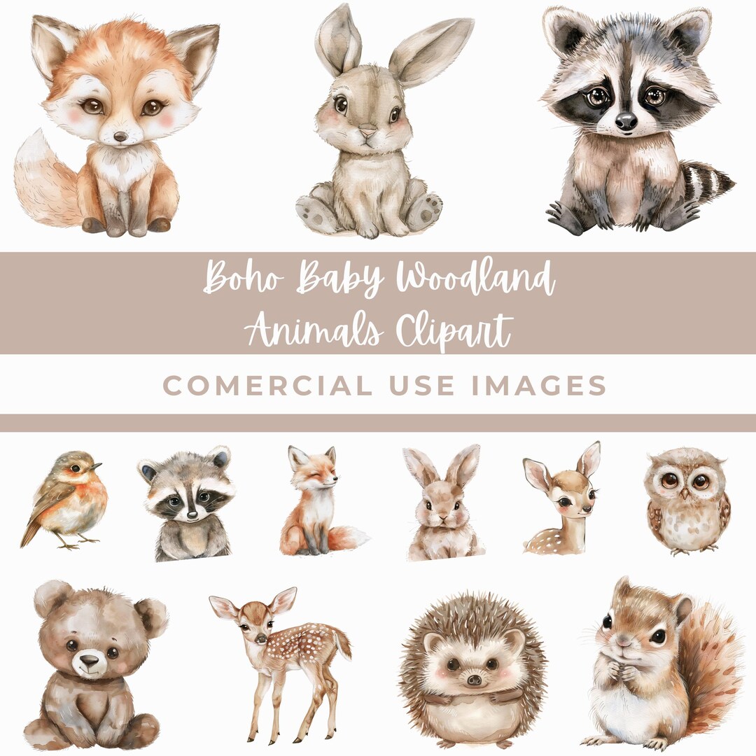 Watercolor Boho Baby Animals Clipart, Forest Nursery PNG (commercial ...