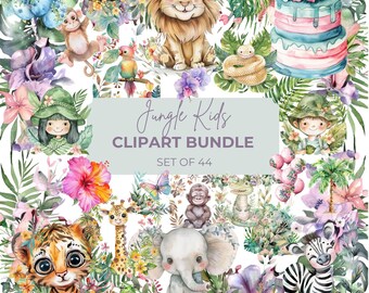 Jungle Animals Watercolor Clipart Bundle: Safari Party PNGs (Digital Download)