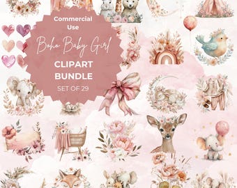 Boho Baby Girl Clipart: Watercolor Animals & Florals (PNG Digital Download)