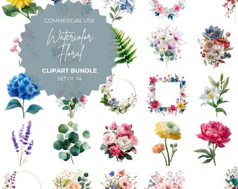 Watercolor Floral Clipart Bundle, Transparent PNG Flowers (Instant Download)