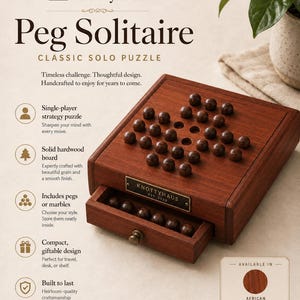 May include: A square wooden peg solitaire board game made of African mahogany with a grid of holes on the top surface and a pull-out storage drawer. The front of the board features a metal plaque with the text KnottyHaus Est. 2026.