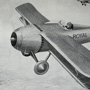 May include: Monochrome illustration of a biplane with "Royal Mail" printed on the fuselage. A pilot is in the cockpit. Another plane is in the background. The text at the bottom reads "Slide Four - The Express Air-Mail Machine."