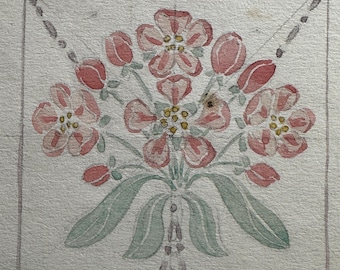 May include: A hand-painted illustration of a bouquet of pink flowers with green leaves. The flowers have a delicate, watercolor-like appearance.