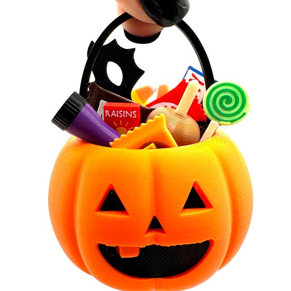 Mini 3D Printed Halloween Jack O Lantern Pumpkin Trick or Treat with Fillers- candy, mask, caramel apple, flashlight Blue Autism Awareness