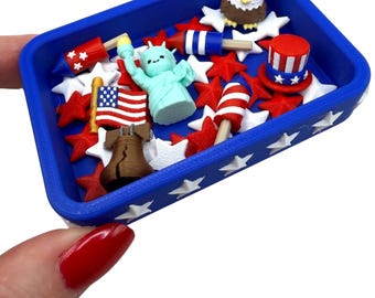 Mini 3D Printed 4th of July Fidget Dish with Fillers- American flag, Statue of Liberty, Liberty Bell, Eagle, Uncle Sam hat, stars, fireworks